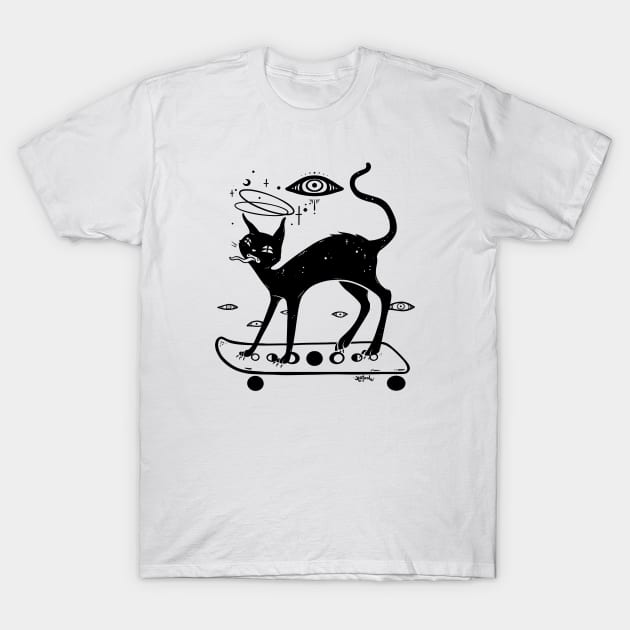 Black Cat On Skateboard T-Shirt by cellsdividing